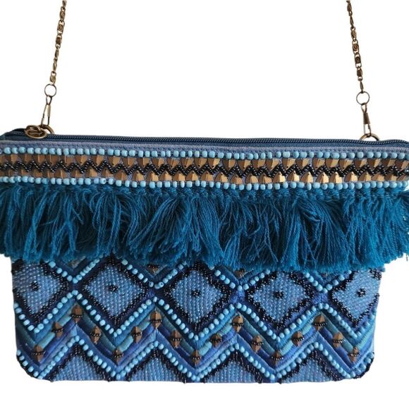 Steven by Steve Madden Blue Boho Beaded Embroidered Crossbody Bag - Picture 1 of 6
